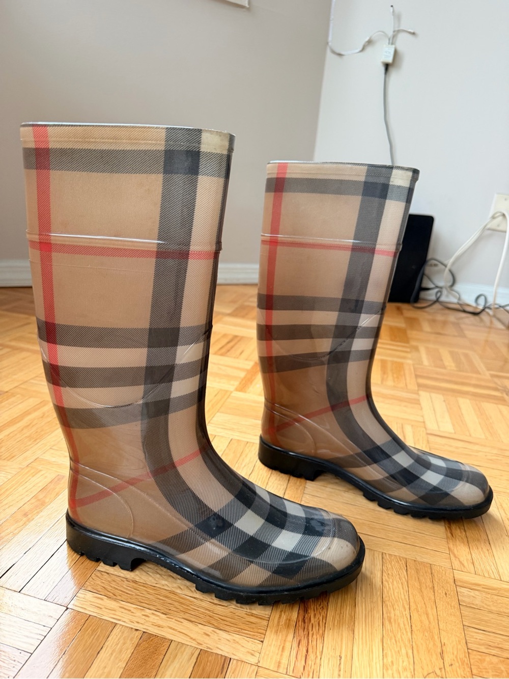 Burberry Beige Plaid Waterproof Rain Boots